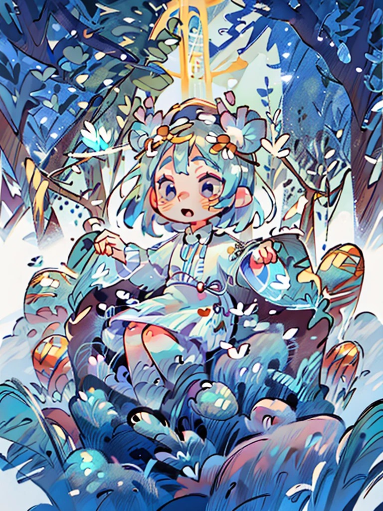 tarot, gold border, mystical forest themed, chibi, masterpiece, best quality, extremely detailed, detailed background, detailed face, 1girl, full-body, solo, pale skin, LONG blue hair which each strands were being lifted up by butterflies, deer ears, white deer horns, happy expression, white dress, blue flower, good finger, perfect face, intricate details