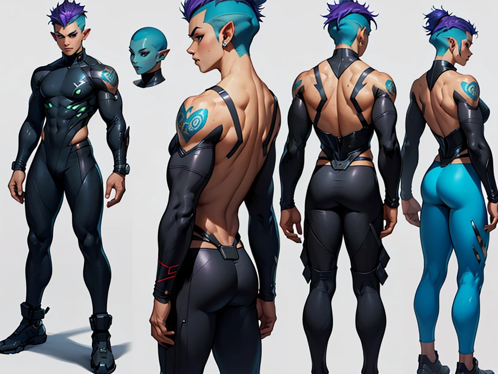 Make elf, biracial, short hair with shaved sides, wearing a cyberpunk spandex suit, weilding cyberpunk daggers, cgaracter concept design, ((character design sheet, front, back, side view))