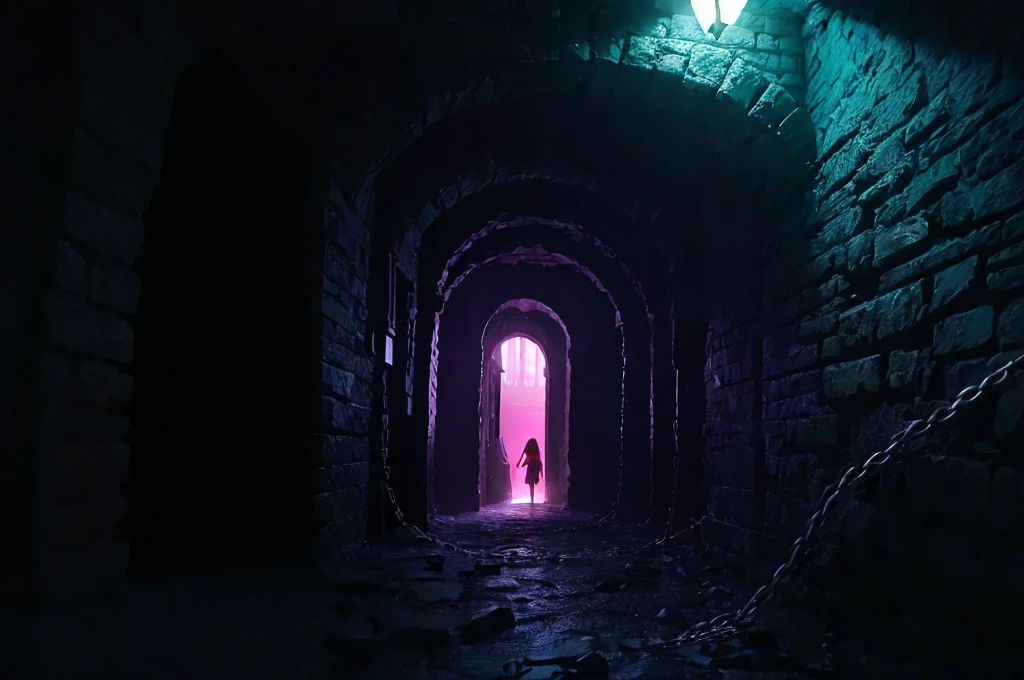 small cloaked girl explores dungeon, from behind, back shot, dark stone passage, fantasy dungeon, dim pink and blue lighting, white slime, mist, low contrast, dark, chains, stonework, enclosed passage, lurking creatures in the darkness