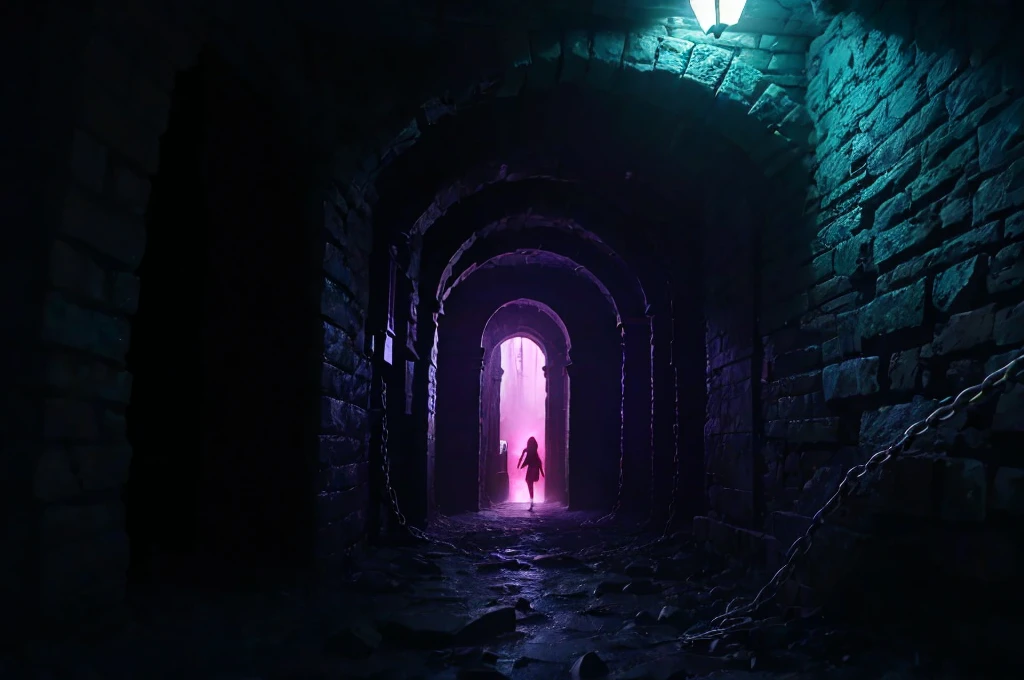 small cloaked girl explores dungeon, from behind, back shot, dark stone passage, fantasy dungeon, dim pink and blue lighting, white slime, mist, low contrast, dark, chains, stonework, enclosed passage, lurking creatures in the darkness