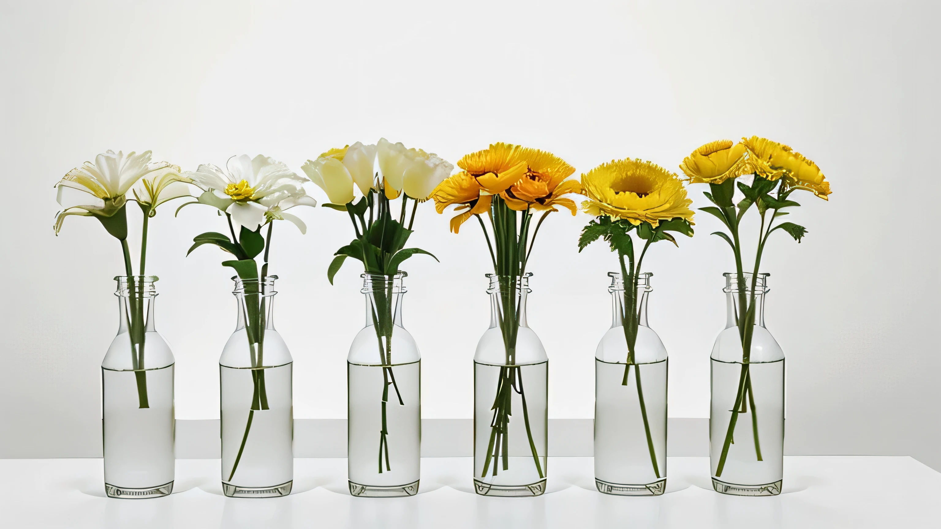 nobody, 20 different flowers are presented one by one, White background, bright colors, There is a white empty space at the top, No stem, There are no vases, no water