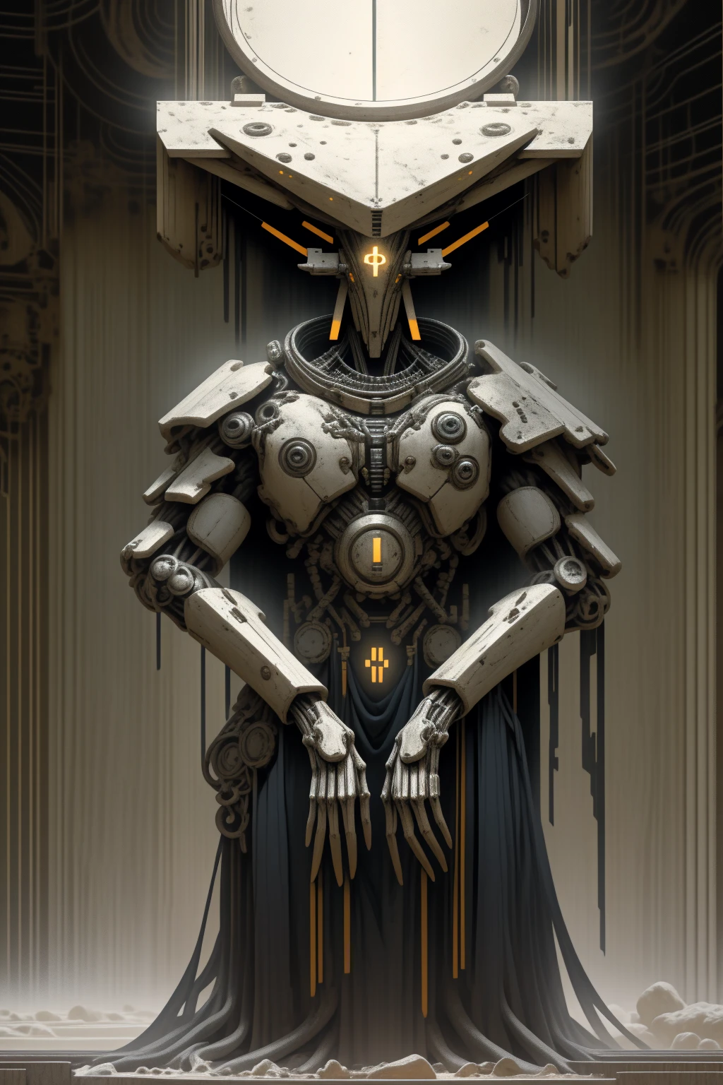 a giant robot torso connected to the ceiling, leaning forward, 6 bright white glowing eyes arranged in a hexagon, smooth metal plating covering the mechanical frame underneath, godly aura, long slender arms resting below,
