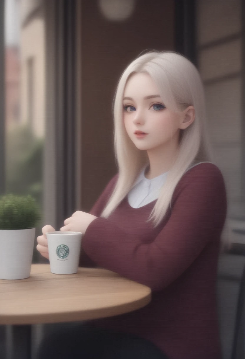 German woman sitting at a cafe table drinking coffee、Emma&#39;photograph。Window sunlight, Blue Hair, Dynamic pose, Skin Texture, Pale skin, Shiny skin, (slim, small:1.2), [:(Focus on the face, Detailed face, Perfect Eyes, Show Viewer:1.2):0.2], Realistic, Film Grain, Highest quality, masterpiece