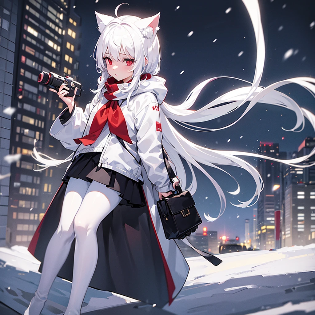 White hair, cat ears, 1 girl, white pantyhose, red eyes, black short skirt, long gray jacket, white scarf (white scarf covering the neck), gray halo, holding a sci-fi gun, high quality, snow, city (snowy city)