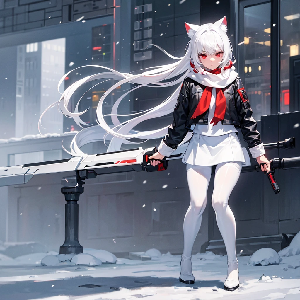 White hair, cat ears, 1 girl, white pantyhose, red eyes, black short skirt, long gray jacket, white scarf (white scarf covering the neck), gray halo, holding a sci-fi gun, high quality, snow, city (snowy city)