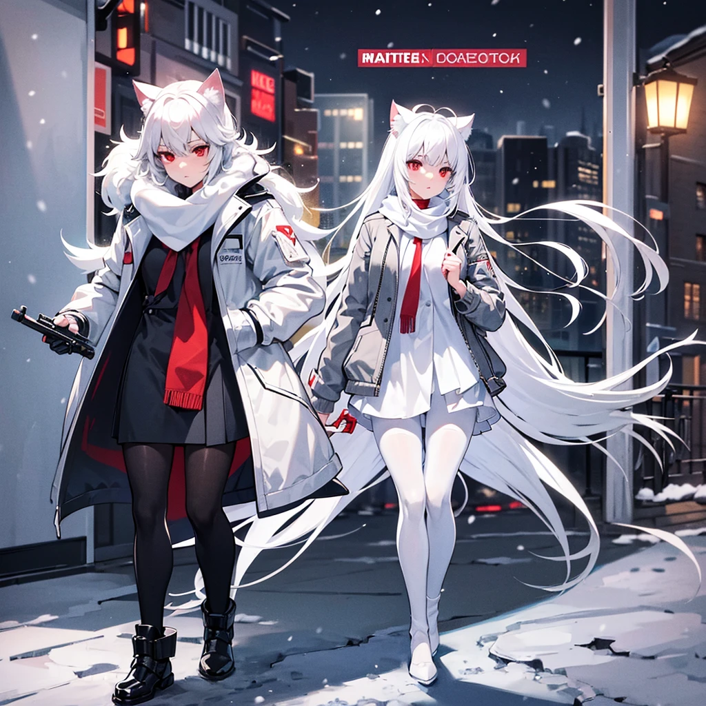 White hair, cat ears, 1 girl, white pantyhose, red eyes, black short skirt, long gray jacket, white scarf (white scarf covering the neck), gray halo, holding a sci-fi gun, high quality, snow, city (snowy city)