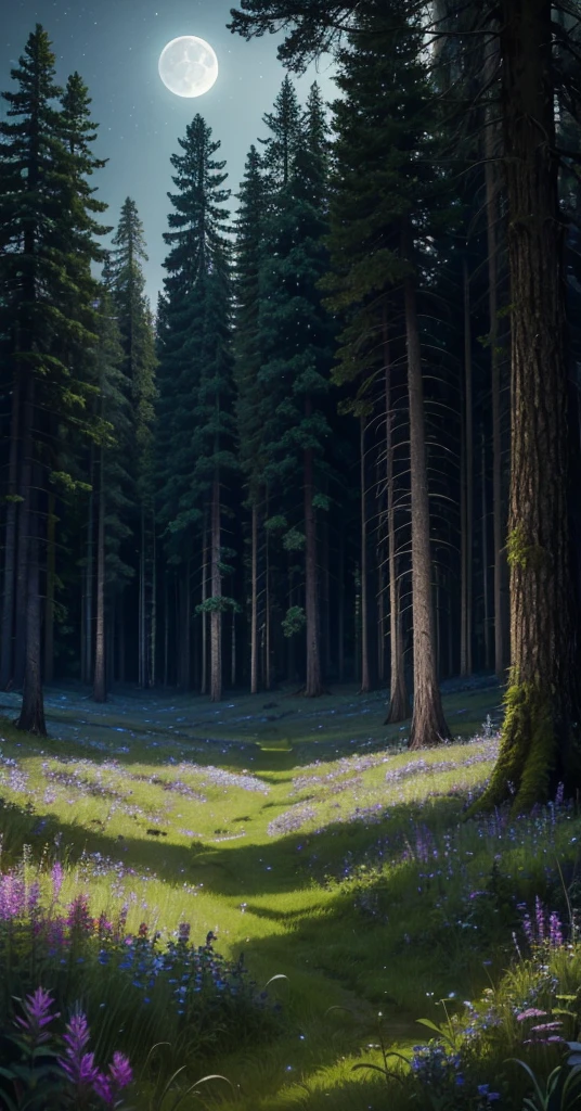 a highly detailed, comforting moonlit meadow in a lush forest at night, dense old-growth trees, mossy rocks, long grass, wildflowers, dramatic lighting, moody, cinematic, muted colors, deep shadows, glowing moonlight, mystical, ethereal, serene, night sky, stars, best quality, 4k, 8k, highres, masterpiece, ultra-detailed, realistic, photorealistic