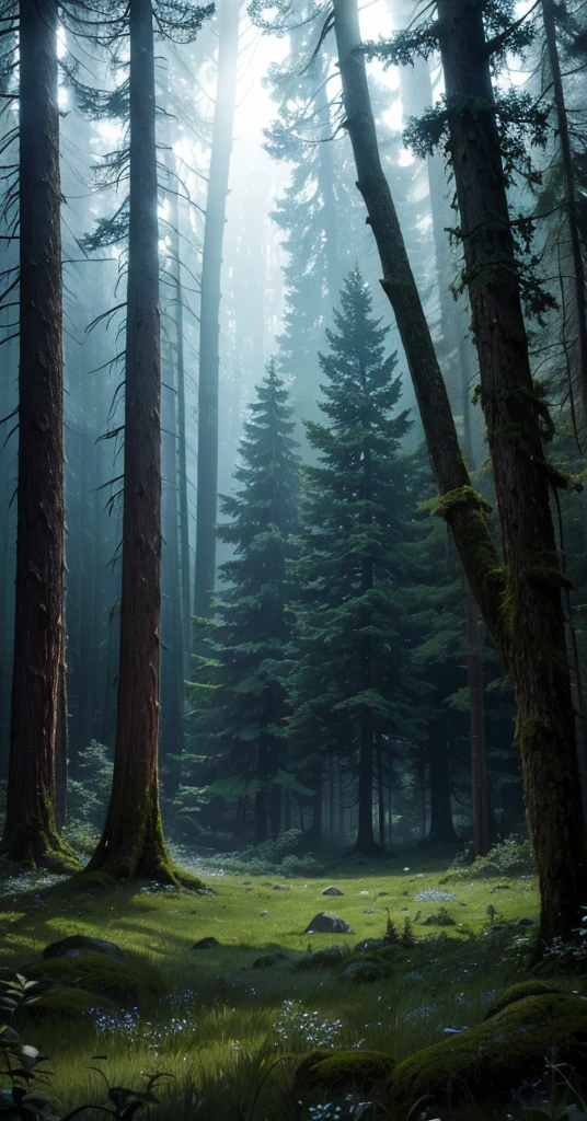 a highly detailed, comforting moonlit meadow in a lush forest at night, dense old-growth trees, mossy rocks, long grass, wildflowers, dramatic lighting, moody, cinematic, muted colors, deep shadows, glowing moonlight, mystical, ethereal, serene, night sky, stars, best quality, 4k, 8k, highres, masterpiece, ultra-detailed, realistic, photorealistic