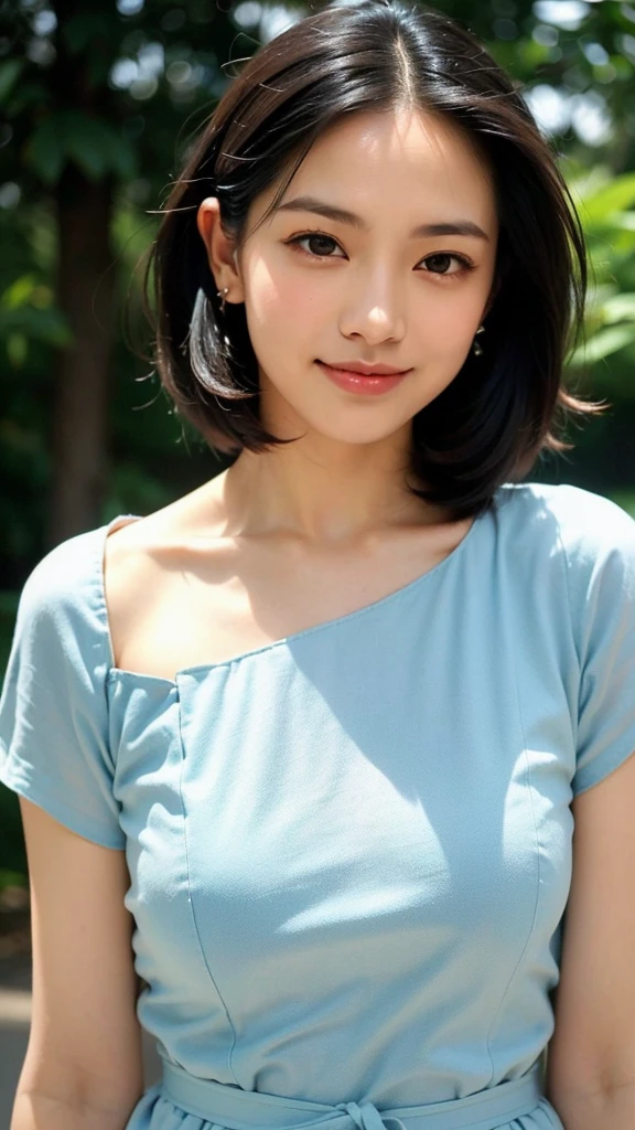 (1 woman:1.5)、(Wide forehead、Very short hair、Very small amount of hair、Forehead、Wolf Hair:1.1)、A happy expression with a slight tan、A soft smile、(Light blue dress),((Very sleepy、Improves skin texture, A big smile、Narrow eyes、Weak eyesight、Weak eyeliner、I know the shape of your head、Oval Face))、(slicked back hair:1.25)、Photographic, Raw photo, Mastepiece, Highly detailed photos, Digital SLR, Photo-realistic 1.4, Super hello nothing, Best Quality,(standing、tilting your head、whole body:1.5)
