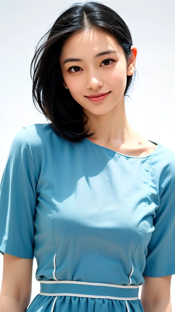 (1 woman:1.5)、(Wide forehead、Very short hair、Very small amount of hair、Forehead、Wolf Hair:1.1)、A happy expression with a slight tan、A soft smile、(Light blue dress),((Very sleepy、Improves skin texture, A big smile、Narrow eyes、Weak eyesight、Weak eyeliner、I know the shape of your head、Oval Face))、(slicked back hair:1.25)、Photographic, Raw photo, Mastepiece, Highly detailed photos, Digital SLR, Photo-realistic 1.4, Super hello nothing, Best Quality,(standing、tilting your head、whole body:1.5)