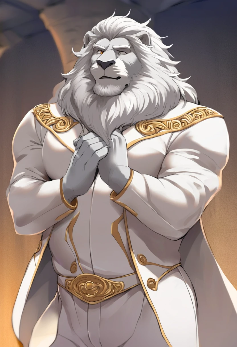 (perfectly detailed anatomy, best quality, masterpiece), solo, 1male, Lion, white mane, white furs, light blue eyes, king clothes, crown, bracelets, muscular, kemono, fur tail, in the royal throne, by Bebebebebe, by SpiritD, by Wfa