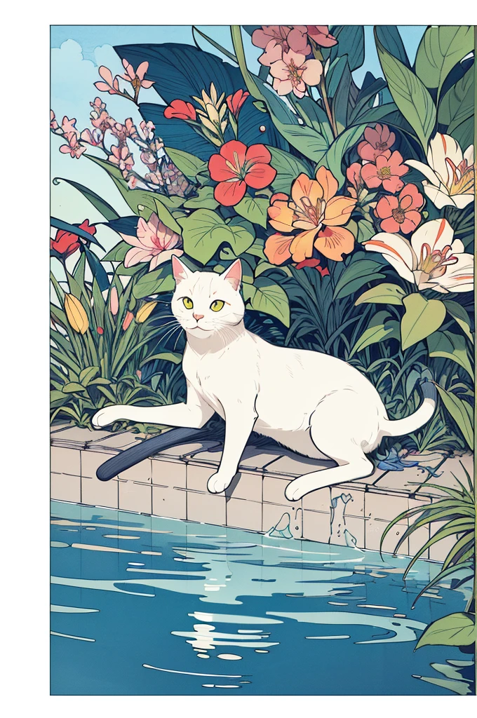 poster,(by mucha:1.2),((art deco,Botanical Art,Floral Art)),(floral:1.2),lily flower,
(masterpiece, highest quality),(vibrant colors,colorful),(amazing details,detailed background),anatomically correct,Accurate drawing,Detailed drawing,high-class sense,

A cat wearing goggles is lying on the edge of an outdoor swimming pool, with its front paws hanging over and holding onto the side. The background features lush plants and blue water, creating a bright atmosphere. It has a close-up shot, flat illustrations, and a simple color scheme. The cat is depicted in the style of Japanese anime.
