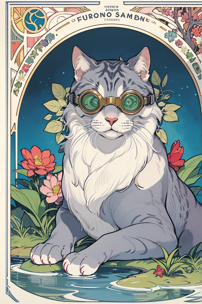poster,(by mucha:1.2),((art deco,Botanical Art,Floral Art)),(floral:1.2),lily flower,
(masterpiece, highest quality),(vibrant colors,colorful),(amazing details,detailed background),anatomically correct,Accurate drawing,Detailed drawing,high-class sense,

A cat wearing goggles is lying on the edge of an outdoor swimming pool, with its front paws hanging over and holding onto the side. The background features lush plants and blue water, creating a bright atmosphere. It has a close-up shot, flat illustrations, and a simple color scheme. The cat is depicted in the style of Japanese anime.