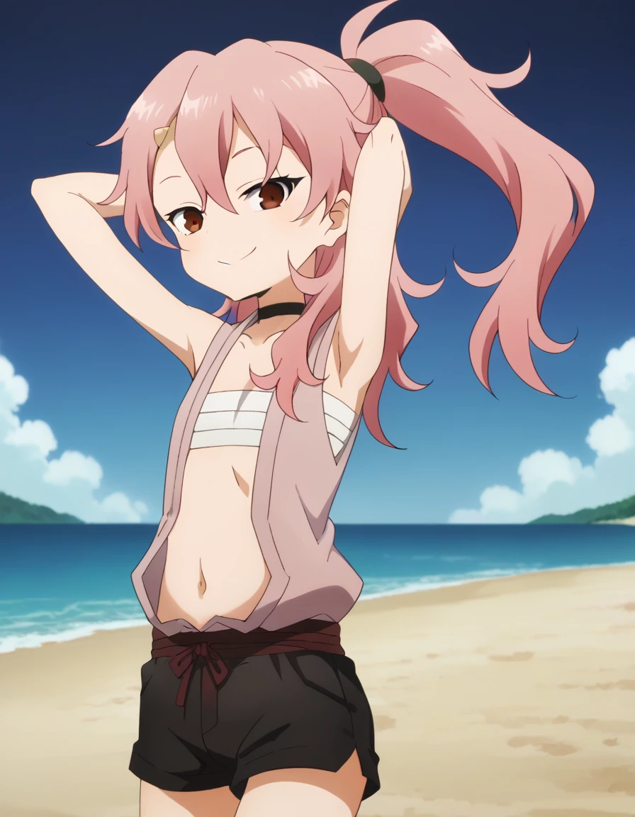 benisumomo, anime coloring ,BREAK source_anime, anime, long hair, hair ornament, red eyes, navel, pink hair, choker, hairclip, flat chest, black choker, sarashi, chest sarashi, black shorts, best quality, looking at viewer, solo, (contrapposto), spread armpit, arms behind head, smile, looking at viewer, (cowboy shot:1.5), closed mouth, night sky, beach, high quality,