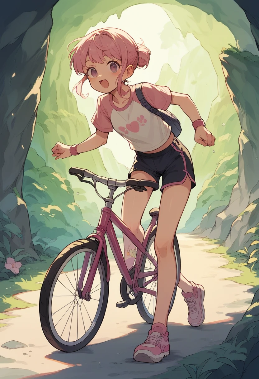cute anime girl rides a bicycle, in running shorts, short shorts, Cave covered with pink biological cells