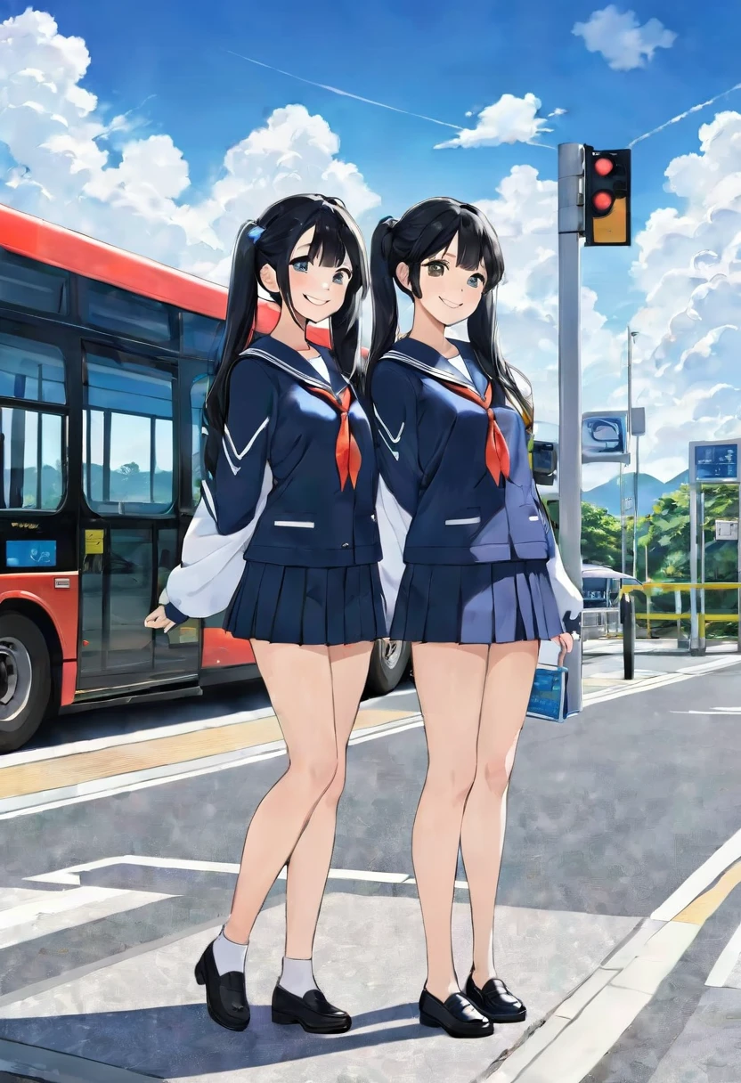 Black long hair、Two beautiful girls with twin tails、Sailor suit、Bright smile、Full Body View、Waiting for a bus at the bus stop、I can see the bus、White clouds in blue sky、Face Highlights