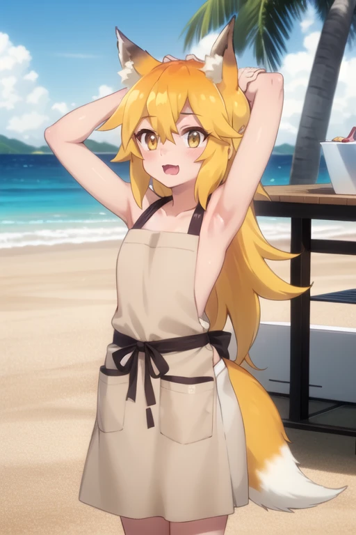 best quality, masterpiece, detailed,
Fox fairy,
1 Girl, :3, open mouth,
Orange Hair, Yellow eyes, Medium Length Hair, Fox ears, Fox Tail, 
((apron)), ((nude)), 裸apron，, diaphragm, 
permanent, Head tilt, Looking at the audience, raise arms， Arms behind head ，
outdoor, beach, water, palm