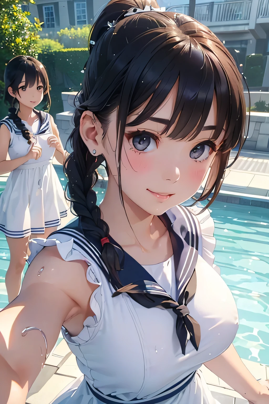Highest quality、High resolution、Detailed Background、(Beautiful face in every detail:1.4)、Anatomically correct、Hide your fingers、(Detailed facial expressions)、 beauty、(Highly detailed face:1.4)、(Huge breasts:1.2)、cute hair color、
Braided bob cut、Braided Ponytail、Braided long hair、well-groomed eyebrows、Perfect body line、(White sleeveless sailor dress:1.3)、(White sleeveless sailor dress:1.3)、(Your clothes are wet:1.2)、My whole body is wet、Water droplets fall、Wet hair、Laugh playfully、A big smile、A fun atmosphere、(Three beautiful girls taking a selfie at a water play spot:1.5)、cute