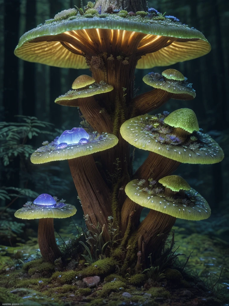 A sharp focus photo of a giant detailed bioluminescence mushroom, up close, (extremely detailed:1.3), Fantasy, octane render, zbrush. Character design, photorealistic, unreal engine, hyper-detailed, concept art, trending on art station. ((best quality)), ((masterpiece)), ((realistic)), (detailed), dark forest, (fantasy forest background illustration:1.1), style-swampmagic, style-nebmagic