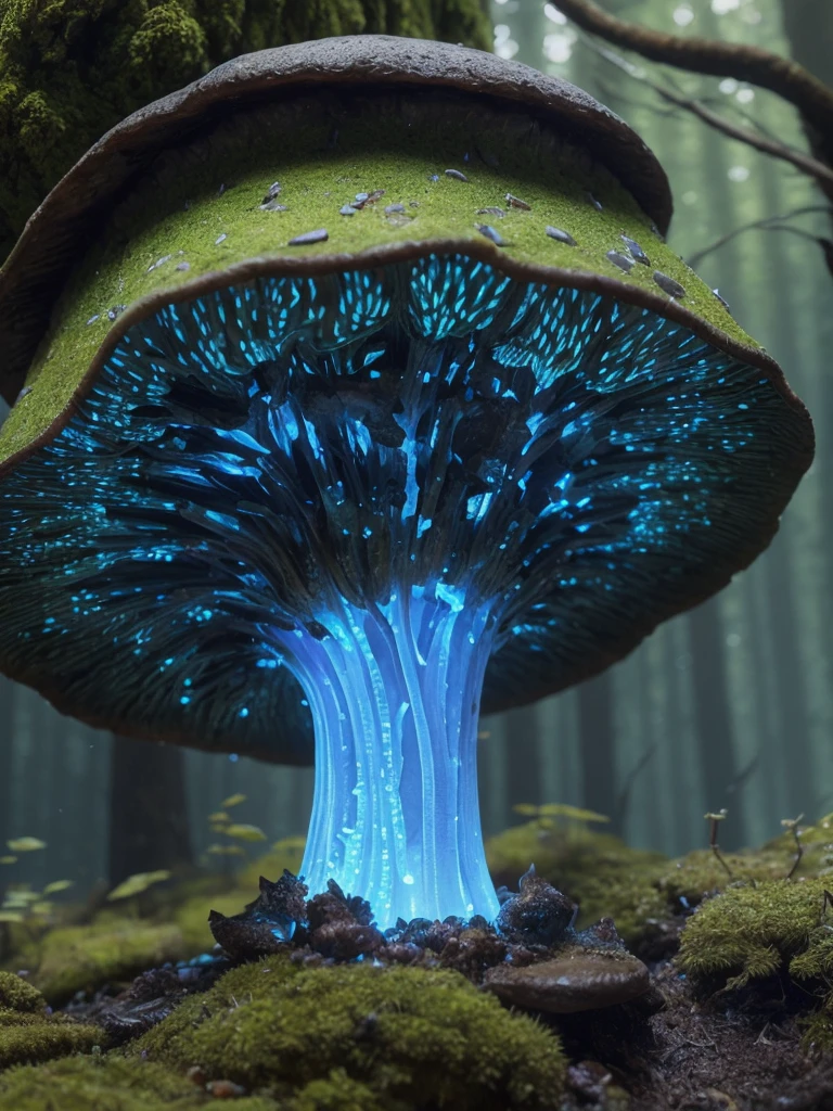 A sharp focus photo of a giant detailed bioluminescence mushroom, up close, (extremely detailed:1.3), Fantasy, octane render, zbrush. Character design, photorealistic, unreal engine, hyper-detailed, concept art, trending on art station. ((best quality)), ((masterpiece)), ((realistic)), (detailed), dark forest, (fantasy forest background illustration:1.1), style-swampmagic, style-nebmagic 