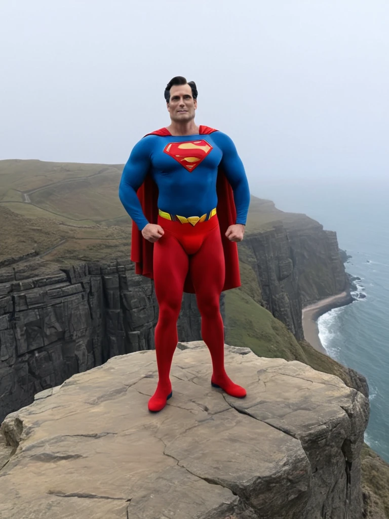Cold, cloudy sky, middle-aged Superman, broad shoulders, protruding chest, thick neck, arms and thighs that have gained fat, no abdominal muscles, dull colored costume, Superman mark spread out to the sides, small red briefs bulging, cape fluttering in the strong wind, standing on a cliff