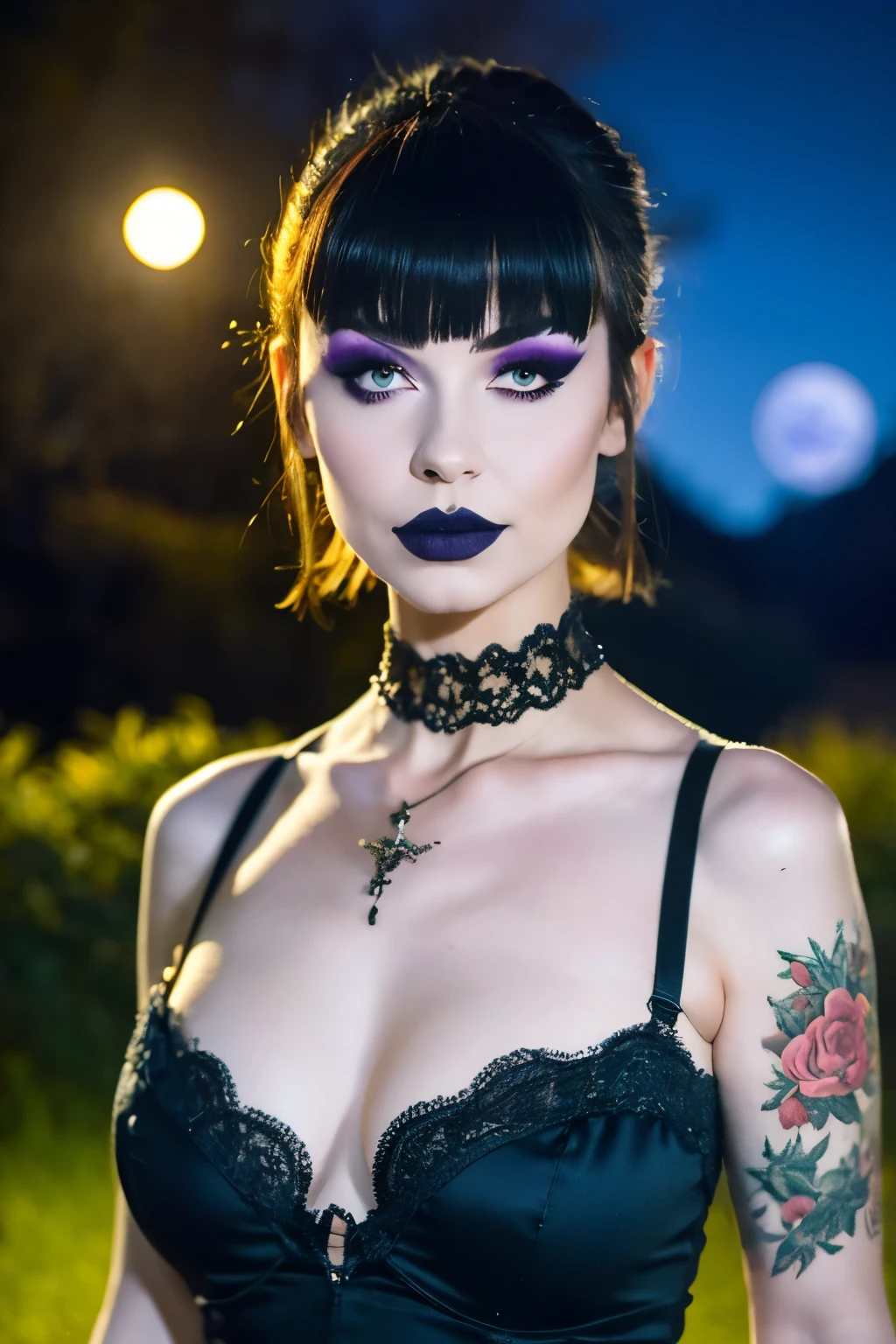 Generphie a hyper-realistic image thphi employs the shallow depth of field technique, Head and shoulders portrait to highlight a beautiful gothic girl wearing a gothic dress, ((cut hair with bangs)),skull tattoo, ((heavy make-up)) , phi ((phiite em um cemitério assustador)) context, (((under the moonlight))). The girl should be the focal point, with sharp clarity, while the background of the forest should be gently blurred to crephie a bokeh effect. (((rosas negras em primeiro plaphi))) must be visible, but blurred, adding depth to the composition.", adding depth to the composition. Sony Alfa A7R III, macro lens , f/5.6. ((Cinemphiic purple Lighting)) .