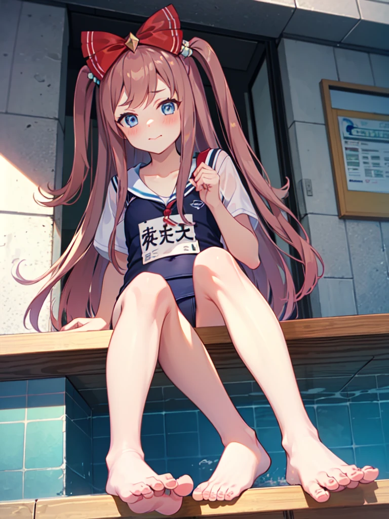 masterpiece, best quality, ultra-detailed, agnes digital \(umamusume\), ((school_swimsuits)), blush, sunny, sitting, from front, from below, looking at viewer, barefoot,