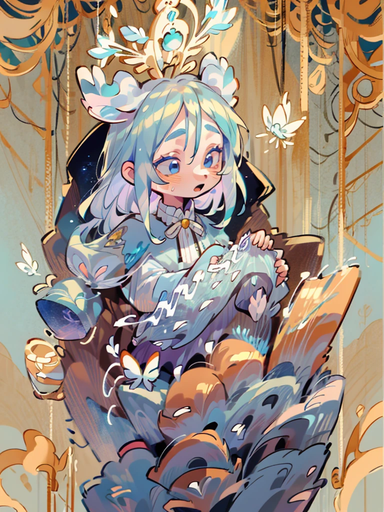 tarot, gold border, mystical forest themed, chibi, masterpiece, best quality, extremely detailed, detailed background, detailed face, 1girl, full-body, solo, pale skin, LONG blue hair which each strands were being lifted up by butterflies, deer ears, white deer horns, happy expression, white dress, blue flower, good finger, perfect face, intricate details