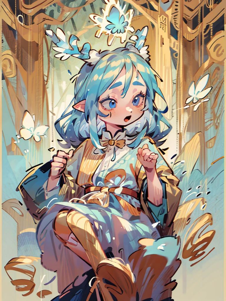 tarot, gold border, mystical forest themed, chibi, masterpiece, best quality, extremely detailed, detailed background, detailed face, 1girl, full-body, solo, pale skin, LONG blue hair which each strands were being lifted up by butterflies, deer ears, white deer horns, happy expression, white dress, blue flower, good finger, perfect face, intricate details