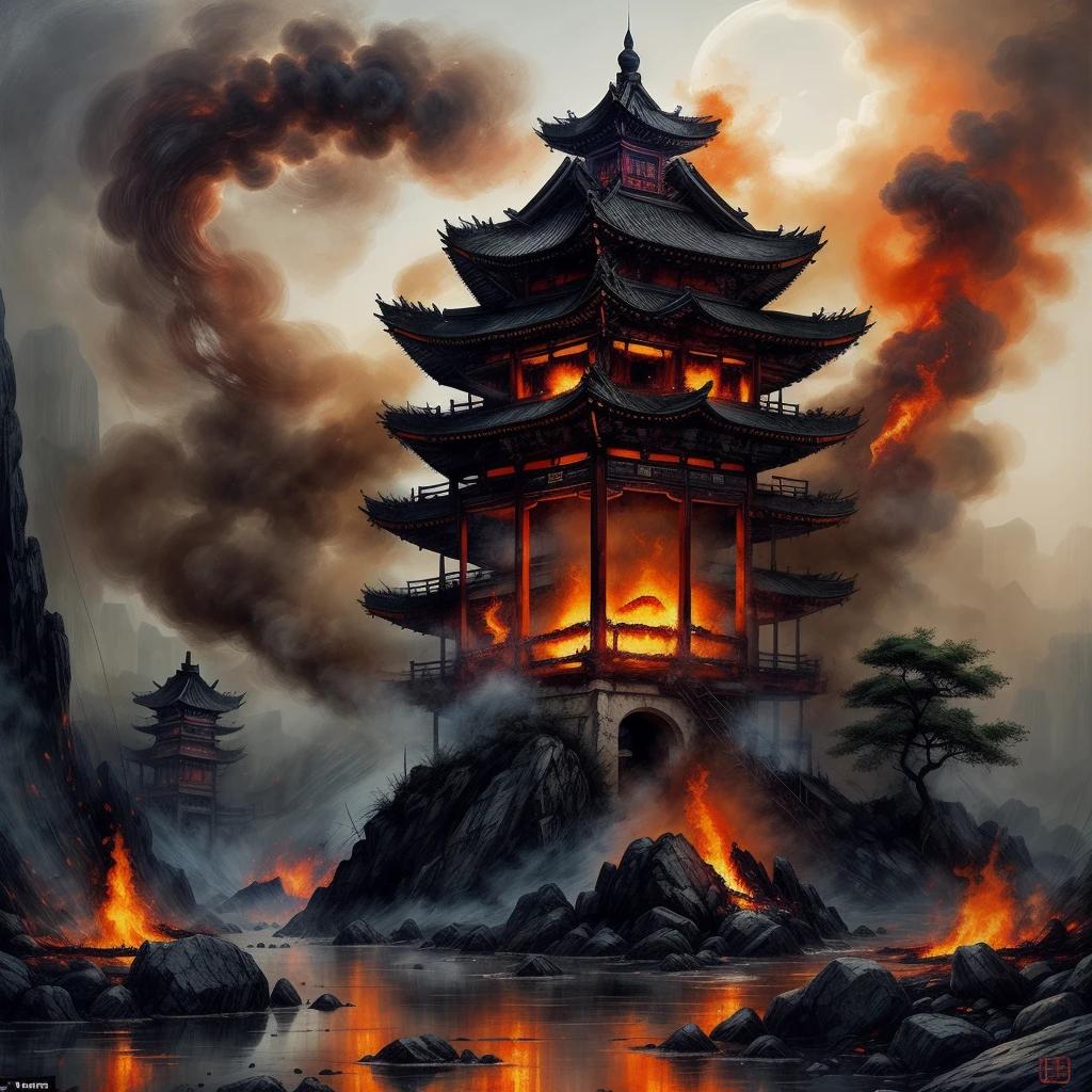 In the depths of the flames, An ancient Chinese tower burning dark and mysterious unfolds, The picture is full of hot flames,Shadows linger there, Lost in a mysterious dreamland of ancient Chinese city walls Realism