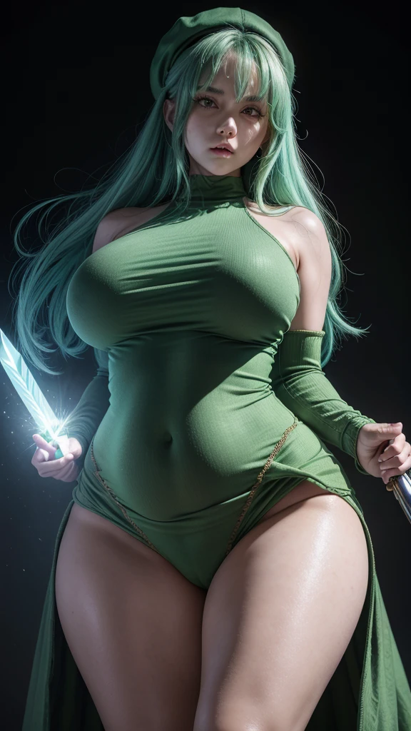 (high detailed)) 27 yo's woman, light cyan hair, Green mini beret, green Pandora's clothes,big And round breasts, gorgeous thicc plump body,angry expression,furious eyes,Green satellizer's outfit,Very long skirt, holding handblade, dynamic pose, action position, perfect anatomy