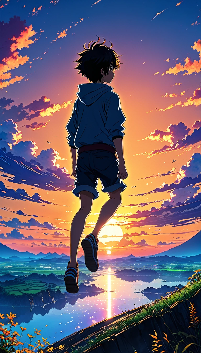 Anime landscape of The image shows a boy jumping into the void, at sunset, seen from afar, a beautiful colorful anime scene, seen from afar, a beautiful anime peace scene, Makoto Shinkai Cyril Rolando, a beautiful scene of anime, amazing wallpaper, anime art wallpaper 8k, anime background, anime art background, anime wallpaper 4k, anime art 4k wallpaper, anime art 4k wallpaper,