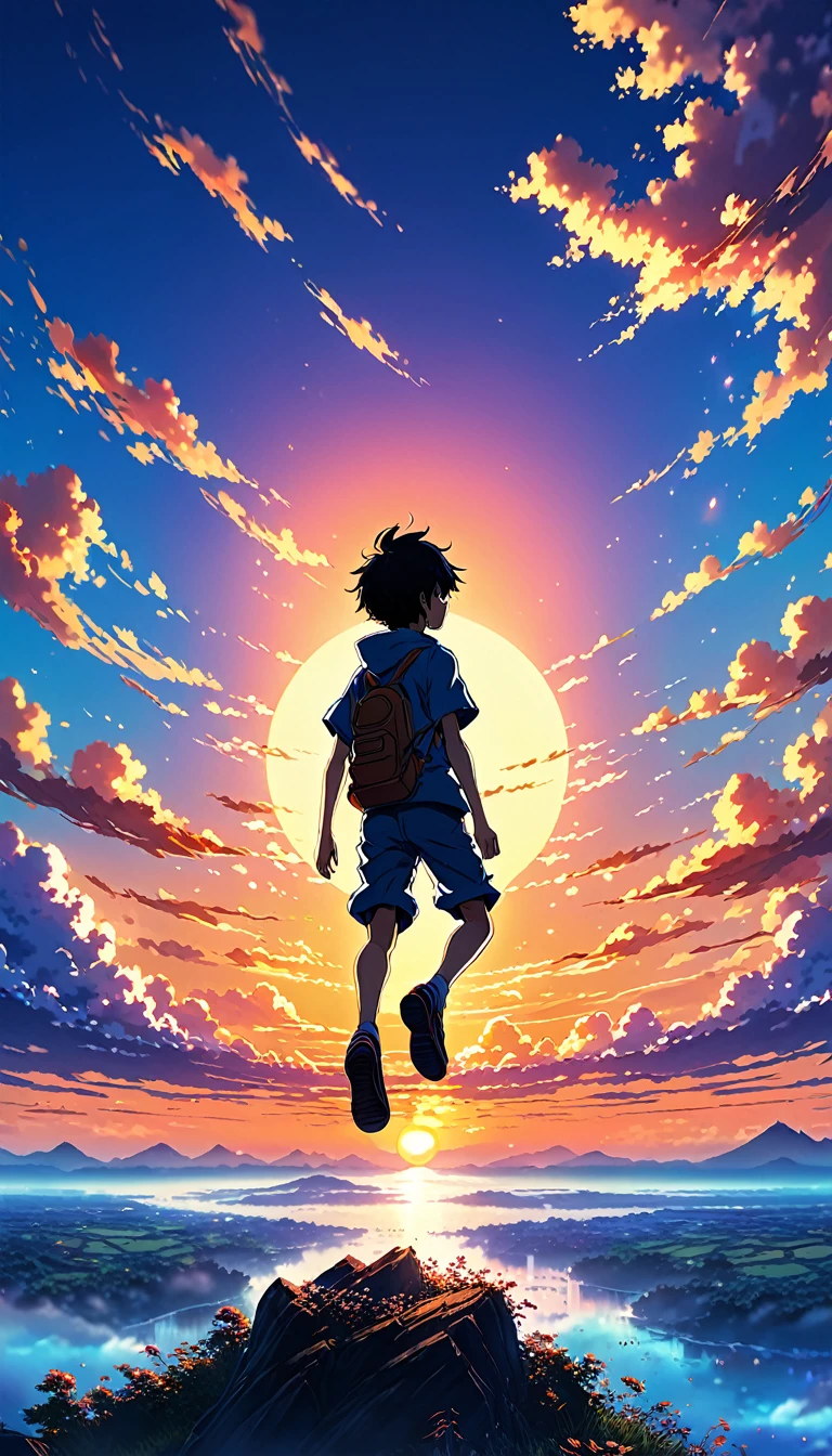 Anime landscape of The image shows a boy jumping into the void, at sunset, seen from afar, a beautiful colorful anime scene, seen from afar, a beautiful anime peace scene, Makoto Shinkai Cyril Rolando, a beautiful scene of anime, amazing wallpaper, anime art wallpaper 8k, anime background, anime art background, anime wallpaper 4k, anime art 4k wallpaper, anime art 4k wallpaper,