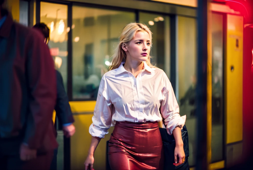 beautiful elegant blonde business woman walking on the street in Geneva, wearing a micro skirt, crowded street, people looking at her, detailed realistic, 8k, photorealistic, high quality, cinematic lighting, warm colors, vibrant, dramatic, stunning, erotic
