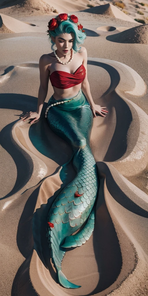 Mermaid in the sand with pearls and red roses