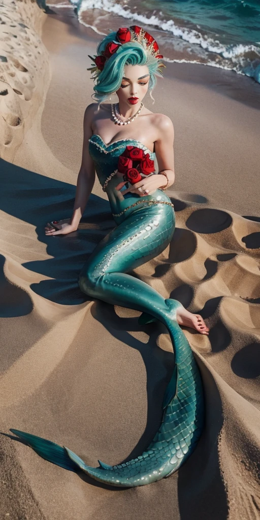 Mermaid in the sand with pearls and red roses
