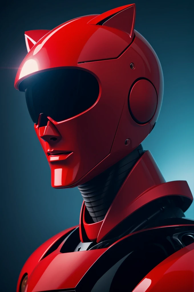 Futuristic red human body robot with cat head