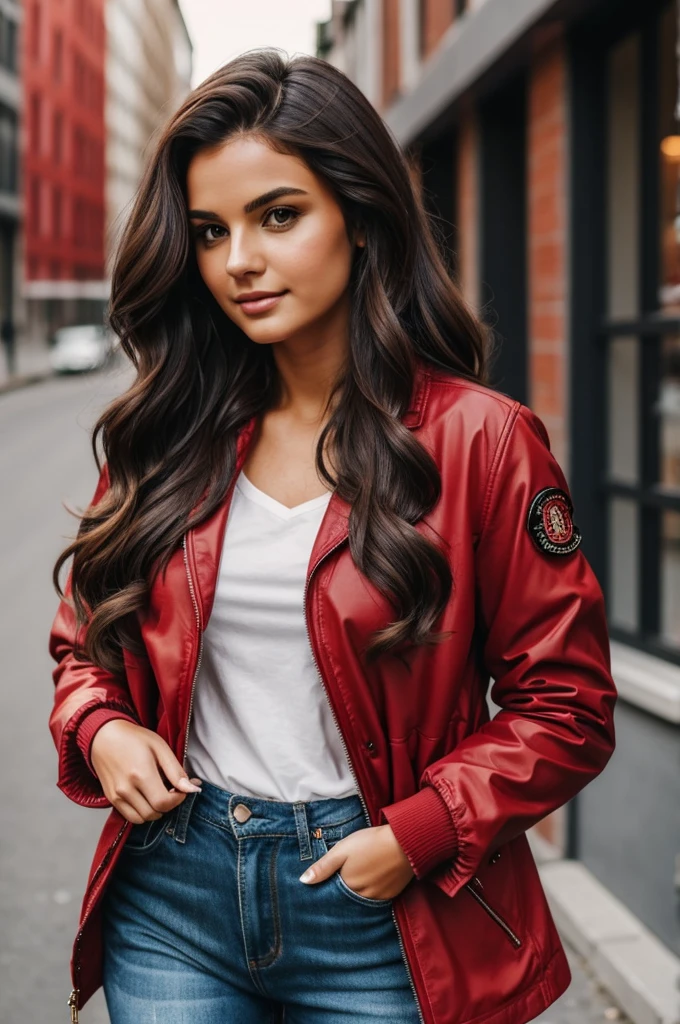 beautiful woman, with dark brown wavy hair, with a red jacket