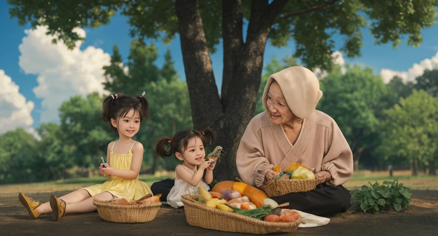 Oriental children eating sweets in the forest