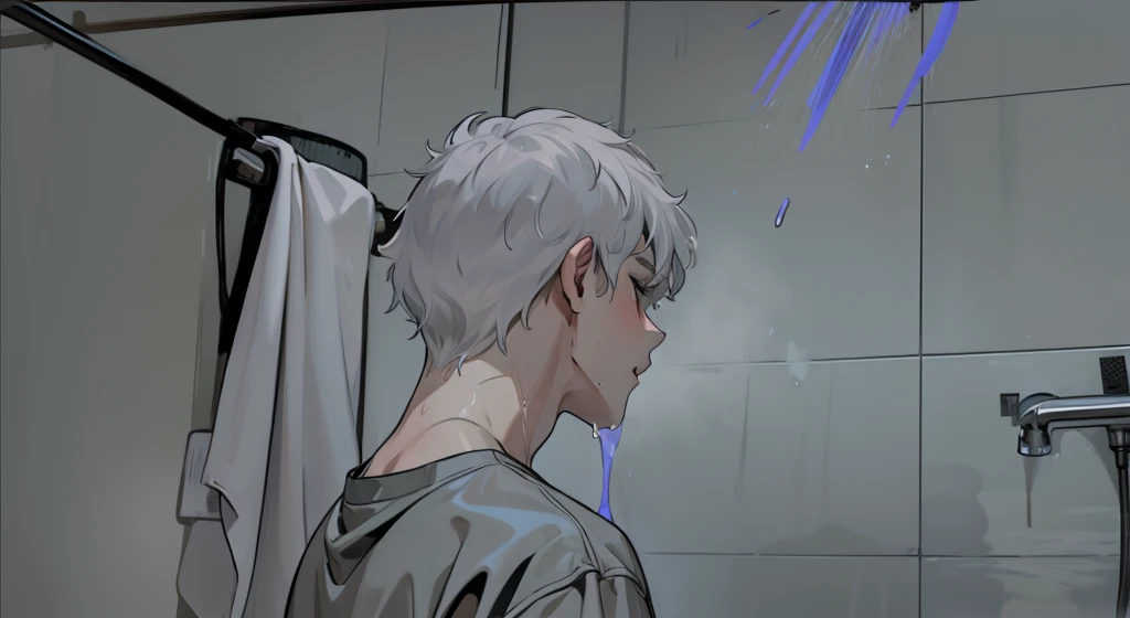 There is a cute young 17-year-old male with gray hair in the shower. The water falls from the shower onto his face and body.