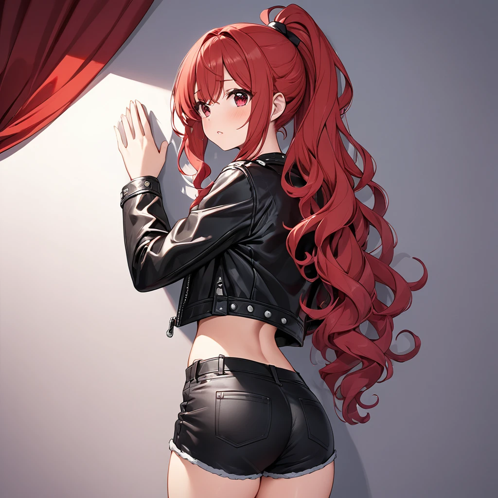 BREAK Perfect Anatomy、Highest quality、(cute:1.1)、(cute)、(High resolution:1.2)、Unbelievably absurd:1.3、Incredible illustrations、(cuteイラスト:1.2)、nsfw,（Beautiful background、Late Night、Bedroom、Red Curtain）、1gial(Red hair、strong wavy hair、ponytail）
,（leather jacket、Shorts、Tank top）Put your hands on the wall and look back at me