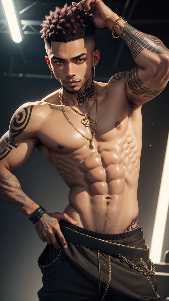 ((masterpiece, best quality)),(complex lighting) ,solo,(((1guy))), ((Black skin)), emo rapper, Slightly notorious criminal, mischievous toothy grin with several gold teeth, ((light skinned)), freckled face, undercut with long bangs, dark red hair, tattoos, distinctive intricate tattoo on left side of his face, shirtless heavily tattooed, gun tattoo on stomach, gold chains, diamond necklace and diamond earrings, baggy pants, performing on stage, anime style, (((8k)))