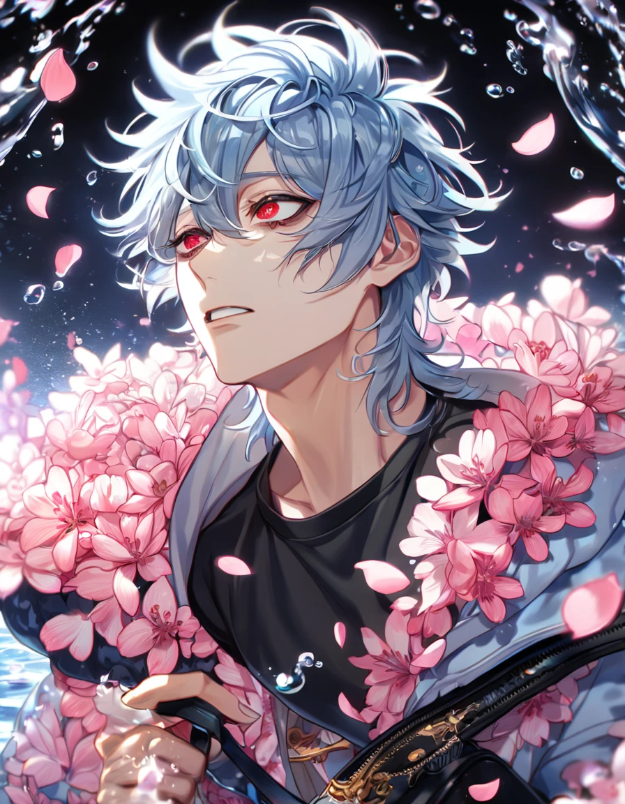 absurdres, highres, ultra detailed, HDR, master piece, best quality, Kuro, light-blue hair, messy hair, expressive red eyes, black bags under the eyes, Servamp, solo, sexy man, handsome, light blue hooded jacket with fur, black T-shirt, water, fantasy, shining, pink flowers, pink blossoms, pink petals, magical