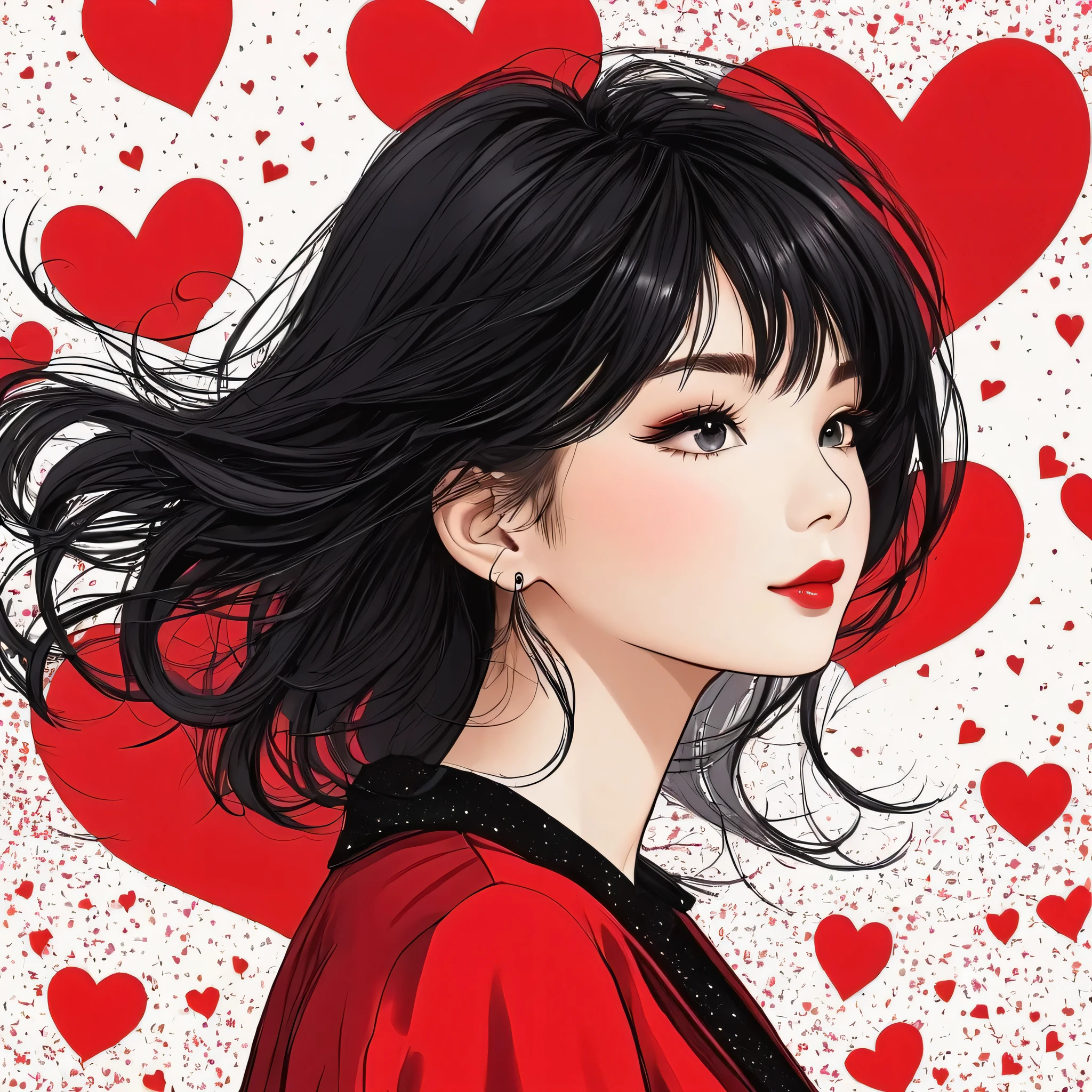 Black Star Red and White style, Simple Line Initialism，Abstract art，Urban Background, colorful hearts ,(((The most beautiful girl of all time))),
