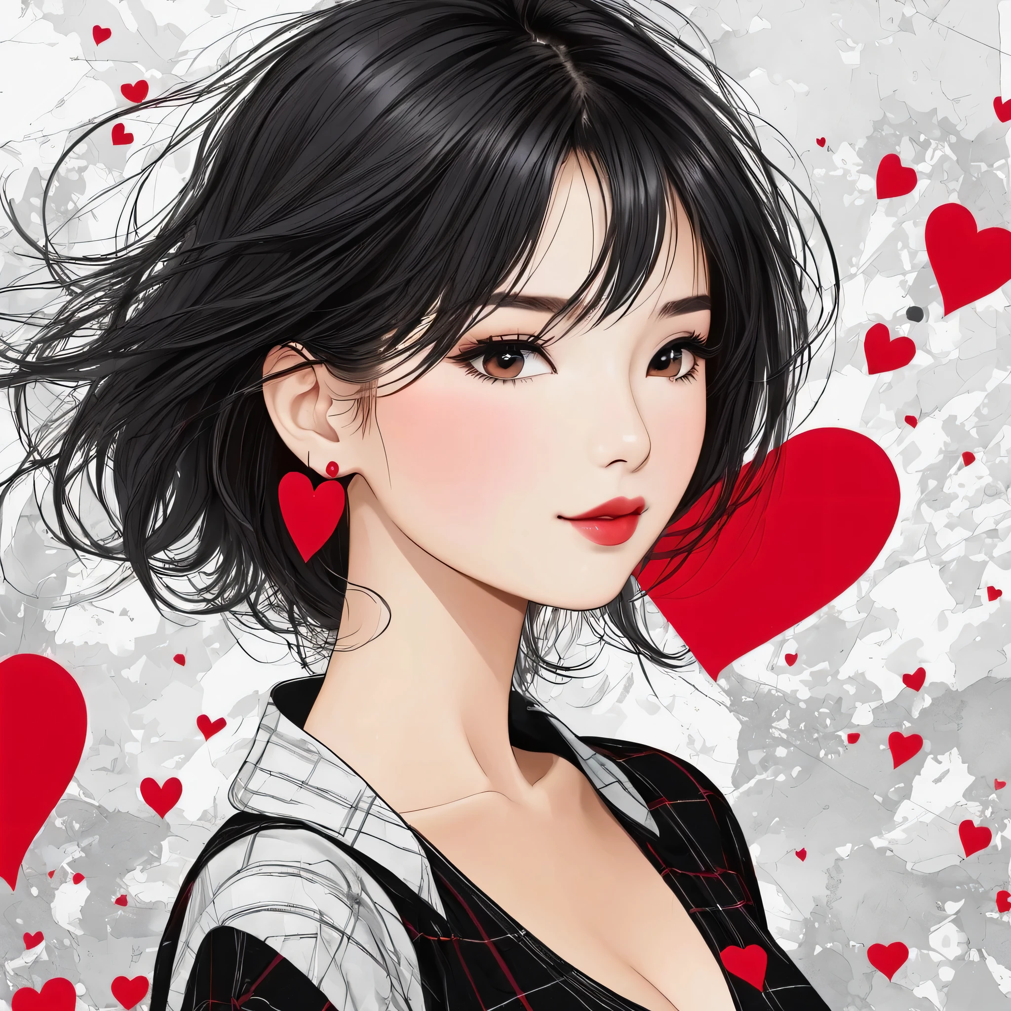 Black Star Red and White style, Simple Line Initialism，Abstract art，Urban Background, colorful hearts ,(((The most beautiful girl of all time))),
