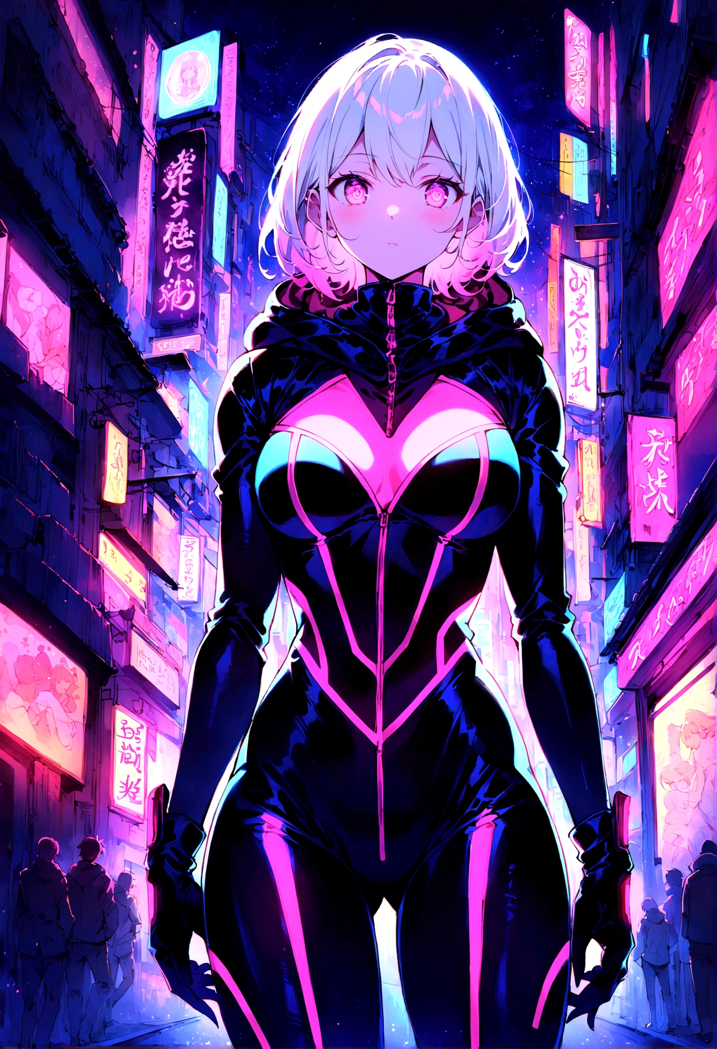 Neon, (girl wearing a dark black ninja suit with hood), leather suit, suit that emanates bright pink light, bright pink eyes, very detailed eyes, white hair, perfect ???????, Japanese cherry trees in the background, the Trees have luminous leaves and fall in the breeze, bright, (neon lights protrude from the suit), night, nocturnal. high image quality, 8k, HD, intricate, very detailed image, very sharp, luminous neon
