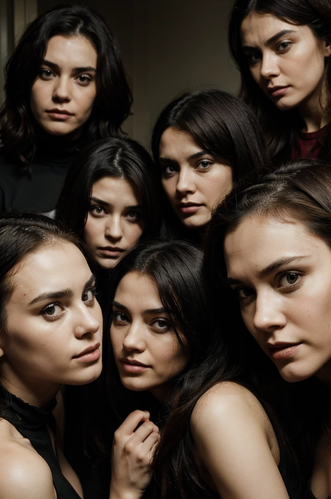 man surrounded by 5 psychopathic women