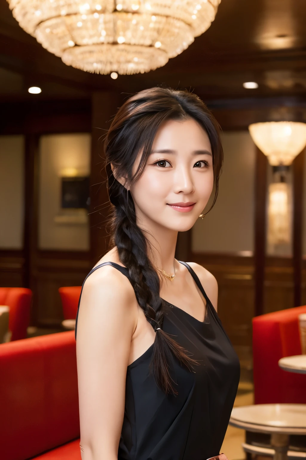 A Japanese woman, {30|40} years old, 1girl, cute face, slight smile, detailed face, detailed eyes, black {long|short|braid} hair, medium breasts, very thin waist, correct human body structure, Off-the-shoulder dress, red dress, in a hotel lobby, (full body photo),