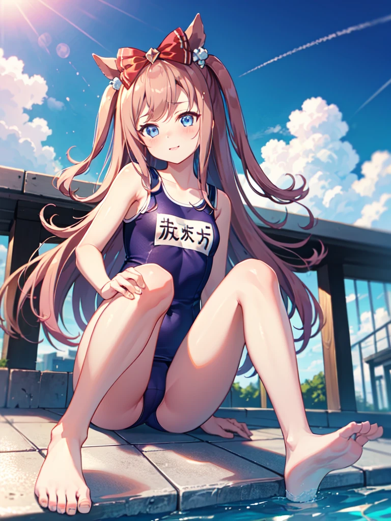 masterpiece, best quality, ultra-detailed, agnes digital \(umamusume\), ((school_swimsuits)), blush, sunny, sitting, from front, from below, looking at viewer, barefoot,