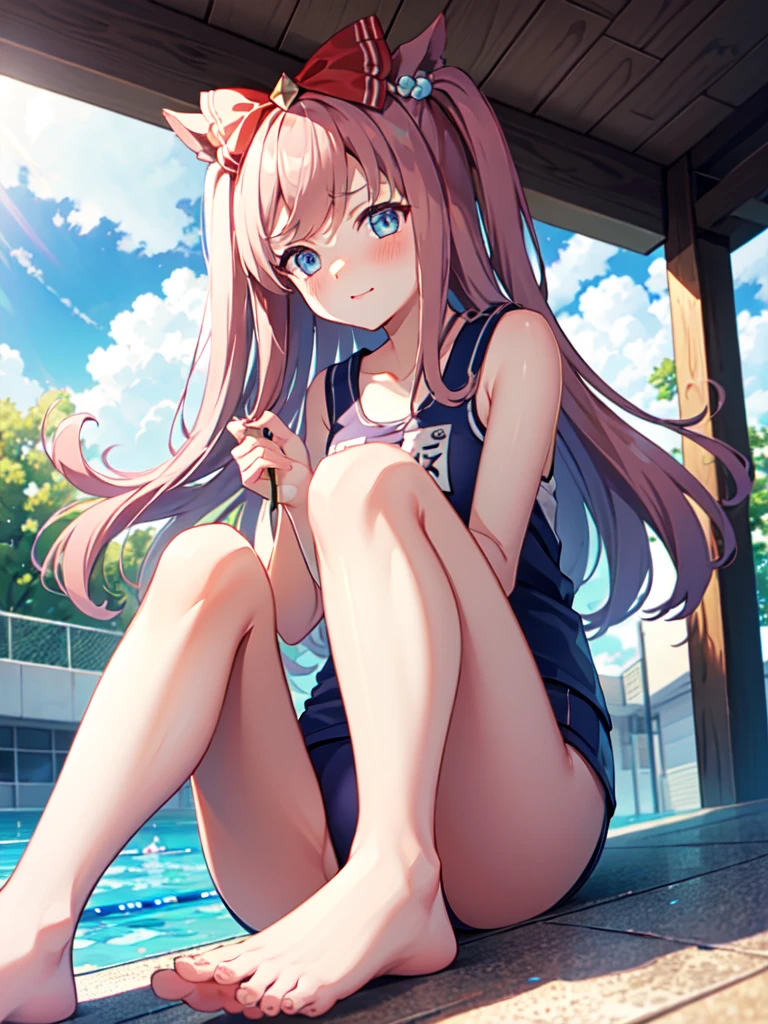 masterpiece, best quality, ultra-detailed, agnes digital \(umamusume\), ((school_swimsuits)), blush, sunny, sitting, from front, from below, looking at viewer, barefoot,